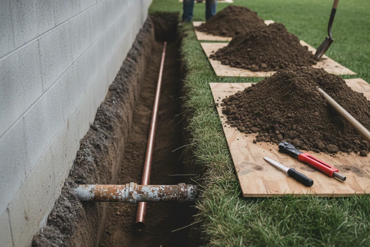 Excavated water line trench during Water Softener Installation in Brookfield